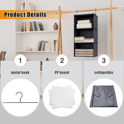 Hanging Closet Organizer 3-Shelf, Oxford Fabric Wardrobe Storage, Gray | Easy-mount foldable design holds clothes, handbags, shoes & accessories; washable Oxford fabric, sturdy and space-saving.