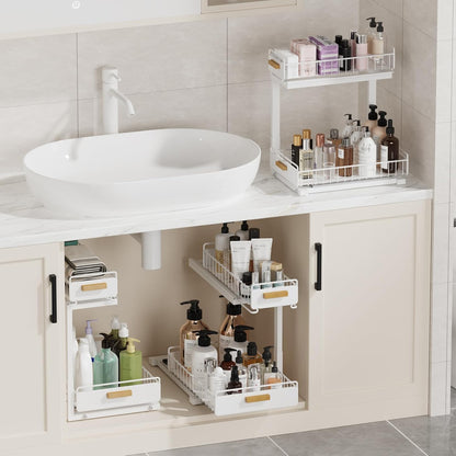 Under Sink Organizer Kitchen - Upgraded Professional Rails, 2 Tier Dual Pull Out Cabinet Storage, Height Adjustable Under Sink Storage, Metal Sliding Drawer for Kitchen & Bathroom, White, 2 Pack