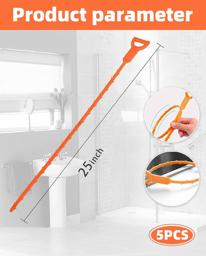 5 Pack 25inch Drain clog remover, Snake Drain Cleaner Hair Clog Remover tool, Shower kitchen sinks and bathtubs, sink snake, hair toilets sewer pipe cleaning tools.