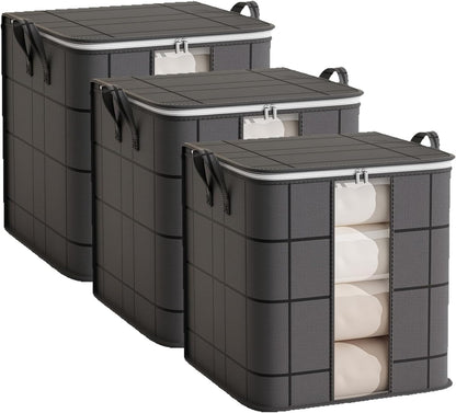 3 Pack 100 L Black Clothes Storage Bags, Collapsible Closet Organizers | Tear-Resistant, Large Storage Bins with Reinforced Handles, Heavy-Duty Storage Totes for Clothes Comforter Blanket Pillow