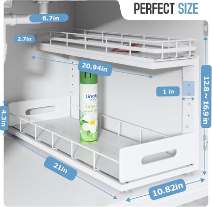 Under Sink Organizer Upgrade To Professional Rails,2-Tier Dual Pull Out Cabinet Storage,Height Adjustable Slide Out Drawers For Bathroom Kitchen,2 Pack-14.5" Dx12.8-16.9" H,White