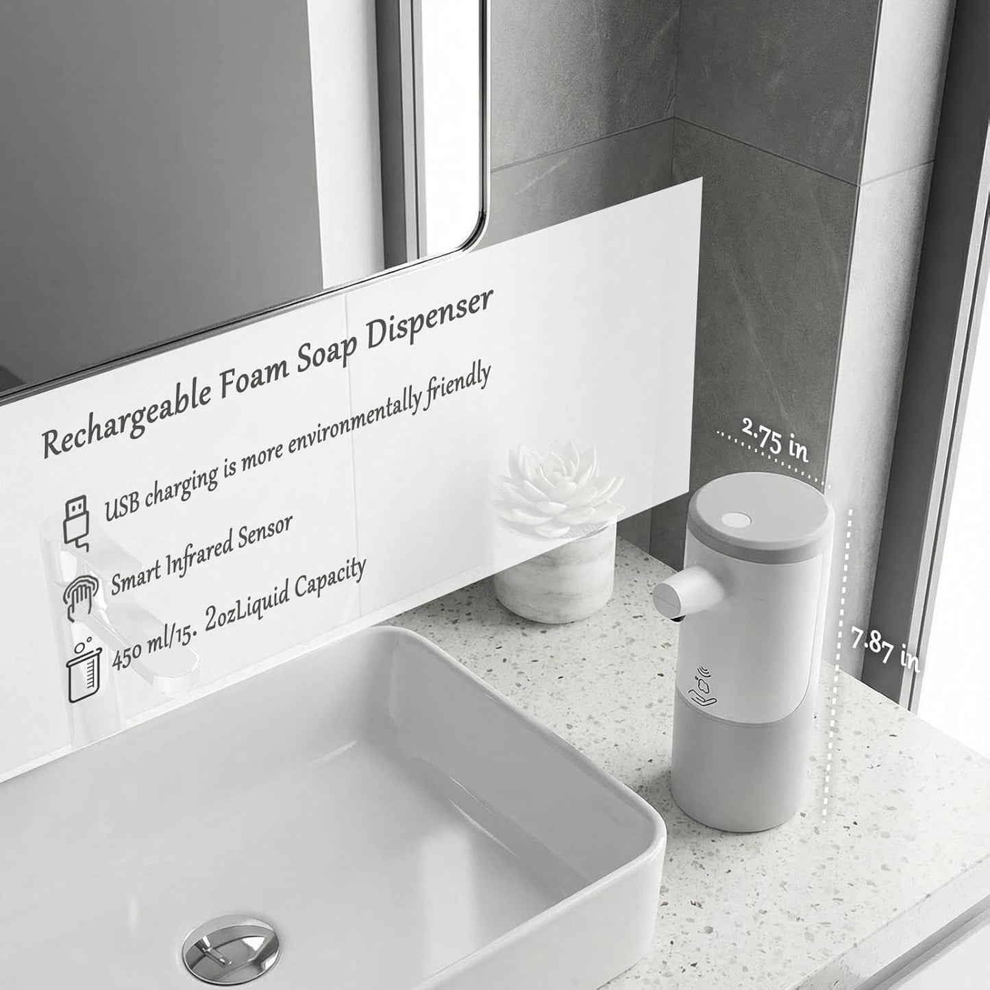 Foaming Soap Dispenser, Touchless & Rechargeable, Fingerprint-Resistant Matte Finish, Automatic Foam Soap Dispenser for Bathroom & Kitchen Countertop