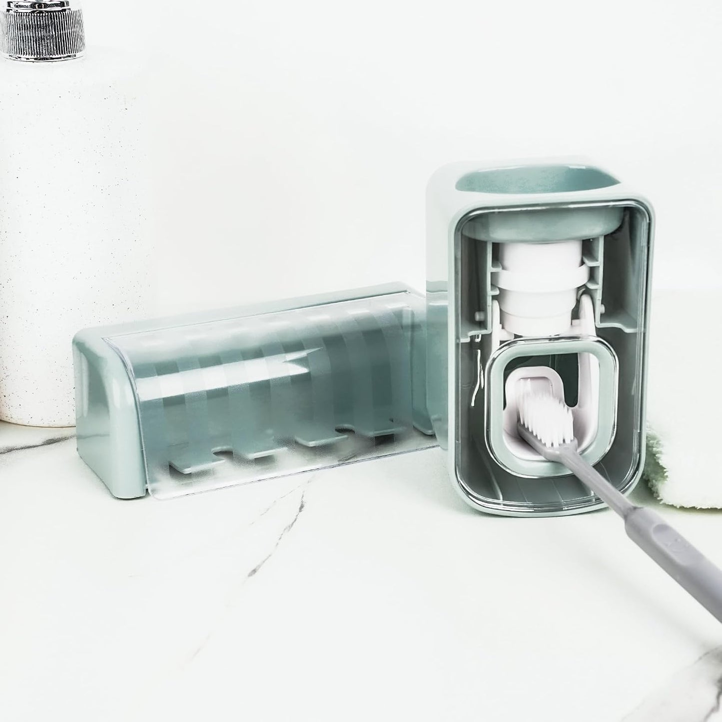 5 Slots Wall Mount Toothbrush Holder with Cover, Self Adhesive Toothbrush Storage Organizer for Shower, Toothbrush Hanger with Automatic Toothpaste Squeezer Dispenser