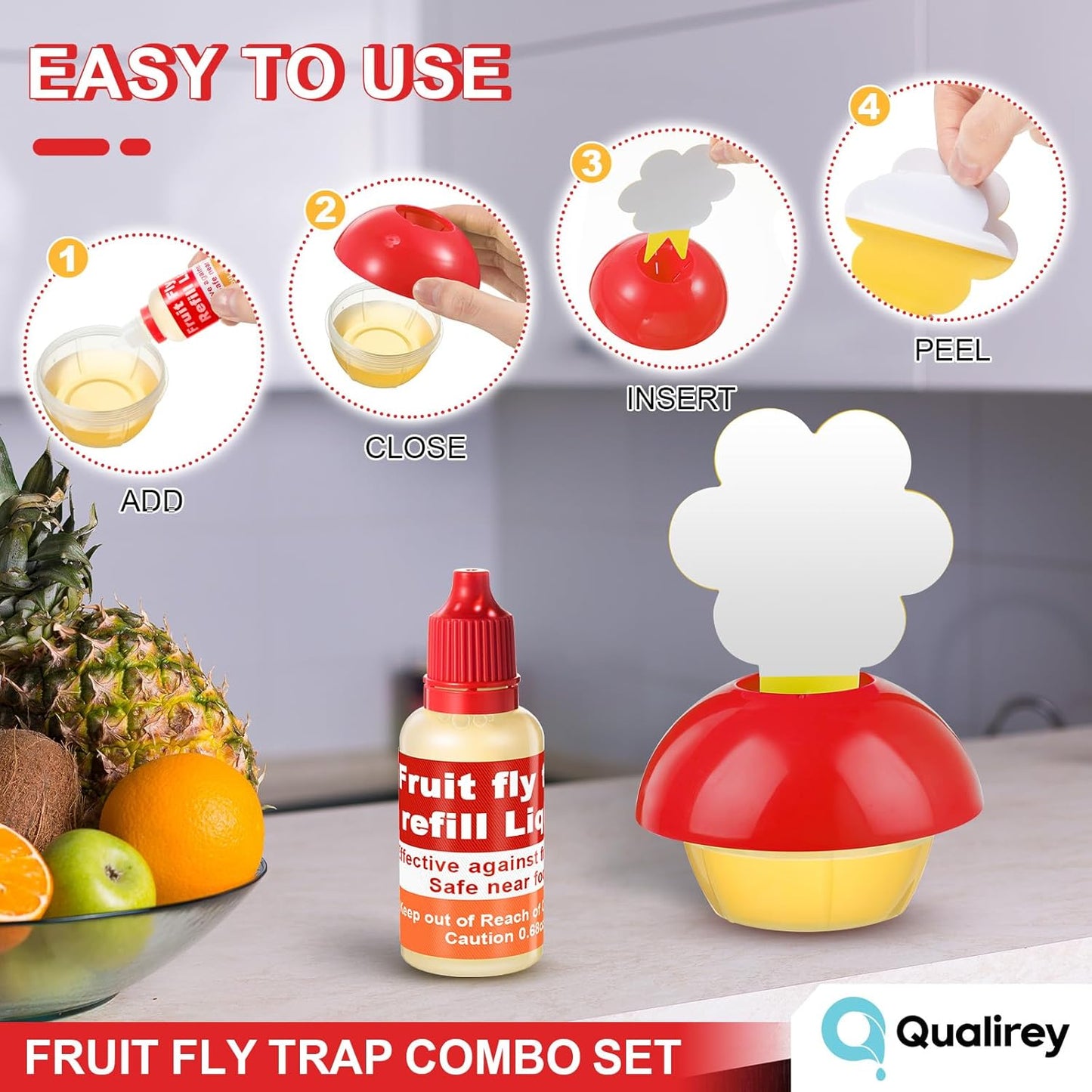 Qualirey Fruit Fly Trap for Indoors, 4 Pack Fruit Fly Trap with 4 Refill Liquid and 60 Yellow Sticky Pads, Safe Near Pets, Food and Kids, Fruit Flies Lure Liquid Trap for Home Kitchen