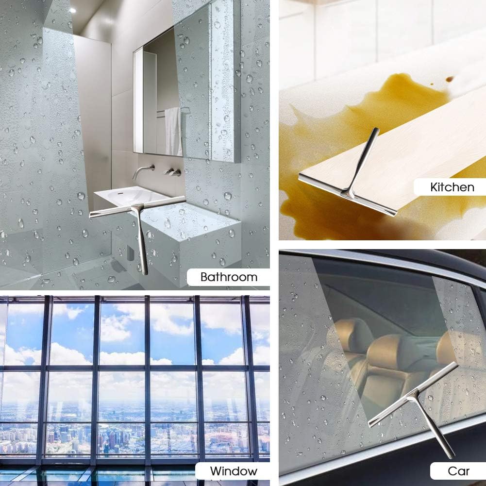 Shower Squeegees Stainless Steel with Self Adhesive Hook Window Squeegees for Shower Doors Bathroom Mirror Wiper, Window Glass Cleaning