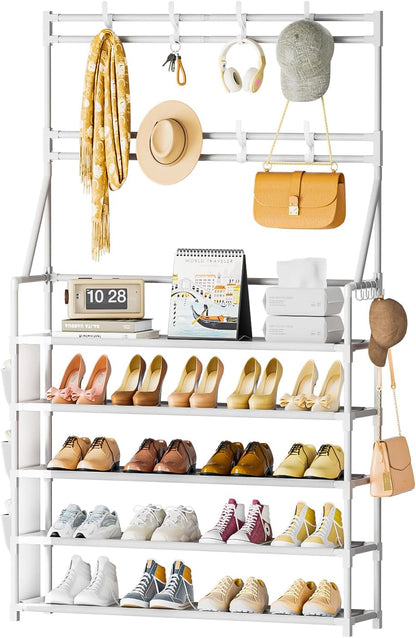 OYREL Shoe Rack, 5 Tier Shoes Storage Organizer, with Functional Hooks and Side Pocket, 20-25 Pairs, for Closet/Entrance/Entryway, Sneaker and Boot Stackable Free Standing Shoe Rack