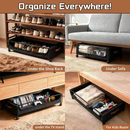Under Bed Storage with Wheels, Black, 35L Large Capacity | Clear Lid & Label, Rolling Metal Drawer, For Clothes, Shoes, Toys, Books, Blankets