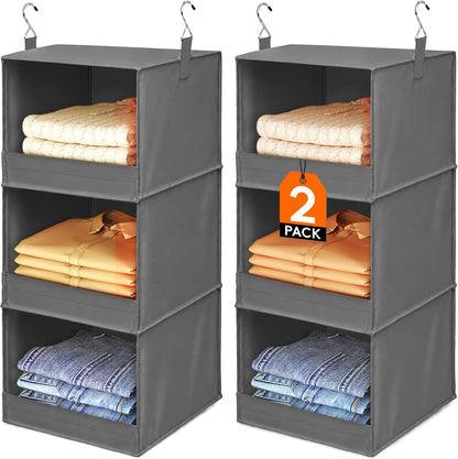 Lifewit 3 Tier Hanging Closet Storage Organizer for Shelves, Front Anti-Slip Clothes Storage Hanger with 2 Sturdy Hooks, Vertical Foldable Sweater Organization for Shlef, Wardrobe, Dorm, RV, Gray