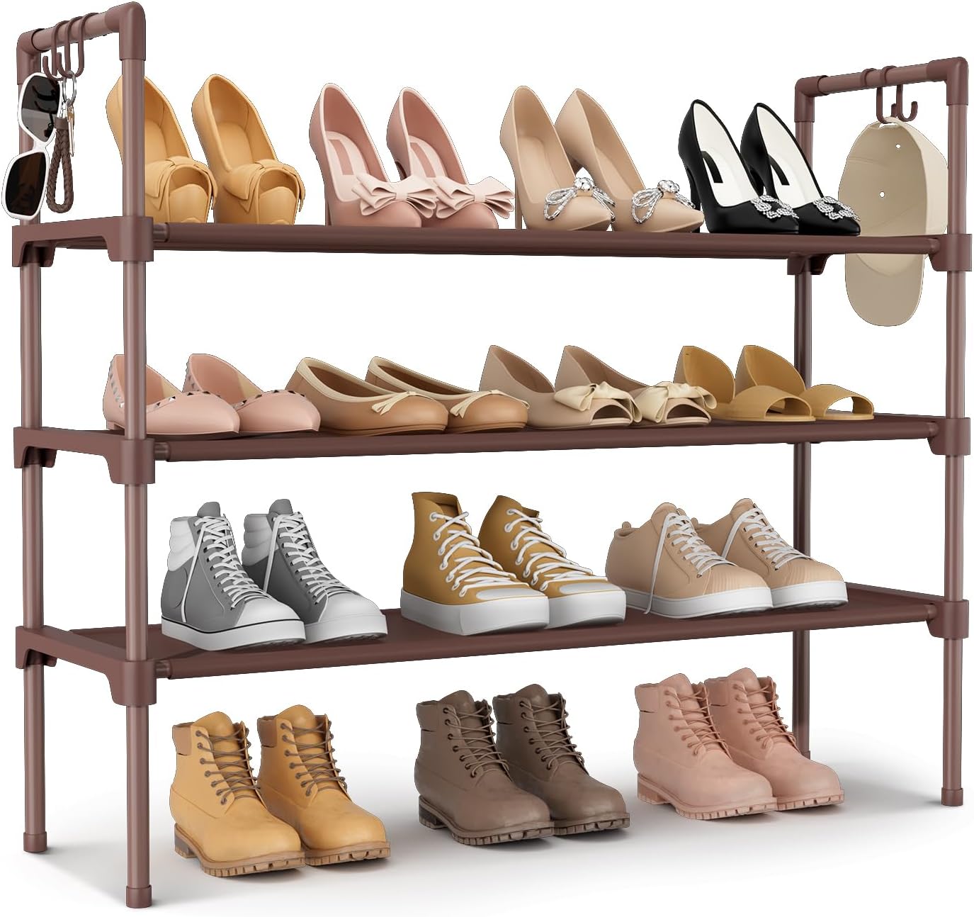 LANTEFUL 3 Tier Shoe Rack for Closet, Shoe Organizer with 5 Hooks, Long Shoe Shelf Storage for Sneaker and Boot Stackable Free Standing Shoe Rack for Entryway, Garage, Small Spaces, Dorm