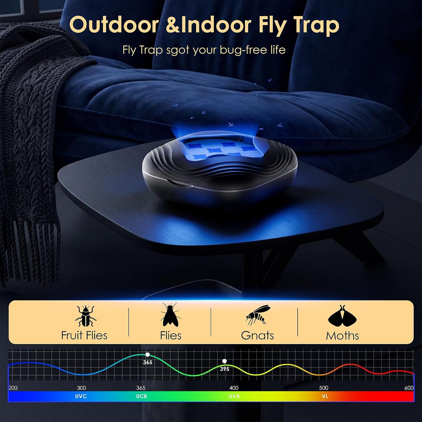 Flying Trap Insect, 2 in 1 Portable Fruit Fly Trap 4000 mAh, 1 Trap Black and 5 Glue Cards, Fruit Fly Traps for Gnat, Moth, Mosquito, Suitable for Home, Outside,Patio,Backyard,Camping