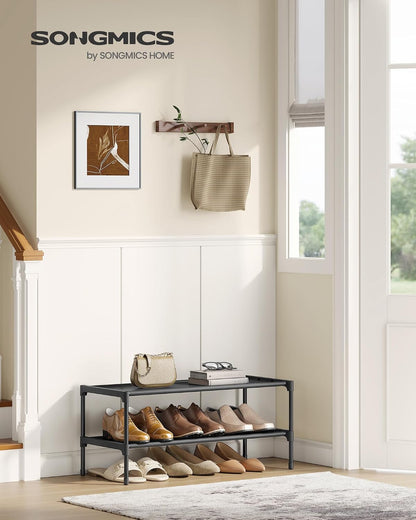 SONGMICS Shoe Rack, 2-Tier Shoe Storage Organizer, Space-Saving, 11.7 x 16.5 x 12.2 Inches, Entryway, Metal Frame, Non-Woven Fabric Shelves, Ink Black ULSH012BH01