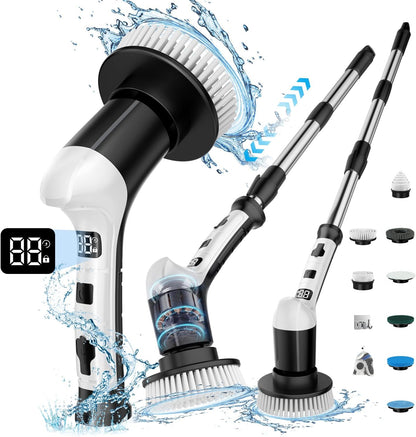 Electric Spin Scrubber with 3 Speed, Adjustable Extension Handle, 8 Brush Heads,Cordless Power Cleaning Brush for Bathroom, Tile, Kitchen-Black