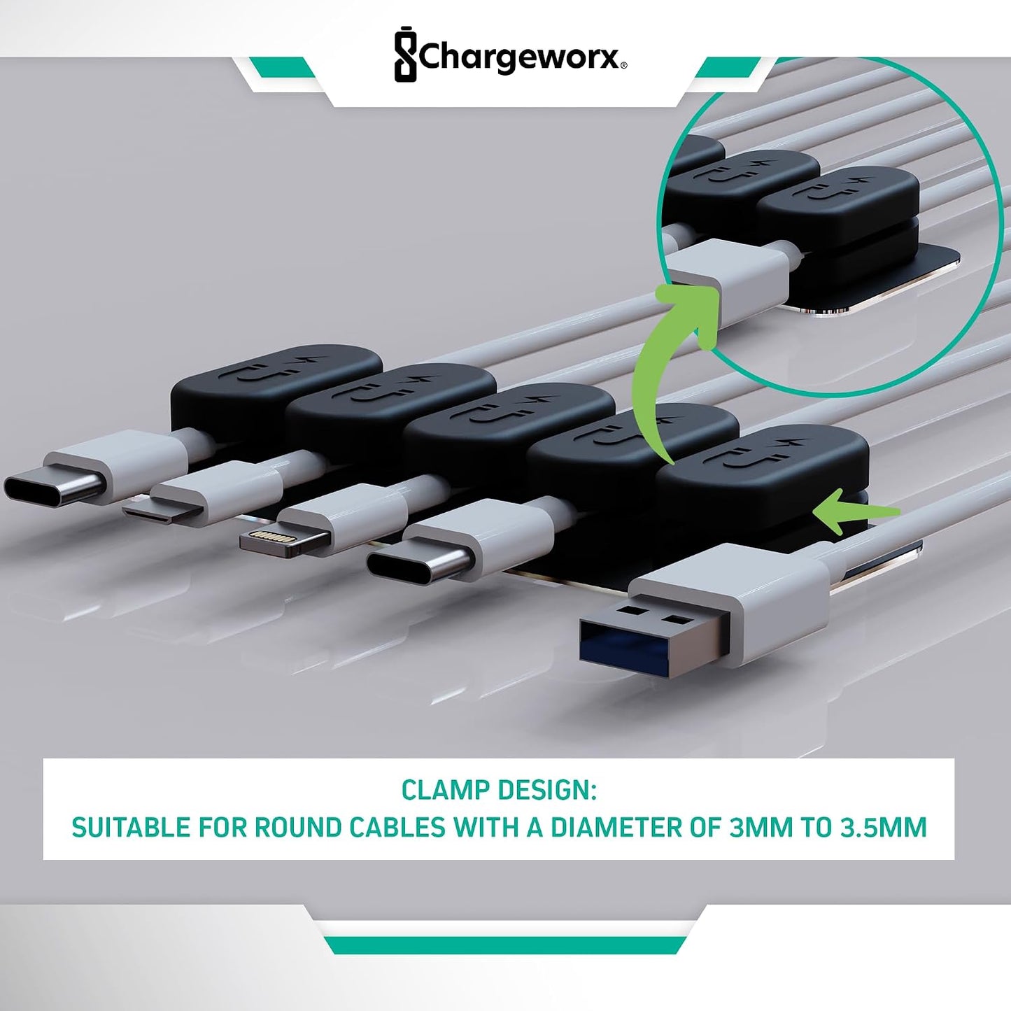 Chargeworx Magnetic Cable Clips - Cord Holder Organizer, No Drill Self-Adhesive Base, Cable Organizer, Repositionable Magnetic Clips, 5-Pack, USB-C Lightning Micro-USB, Desk Nightstand Wall Car, Black