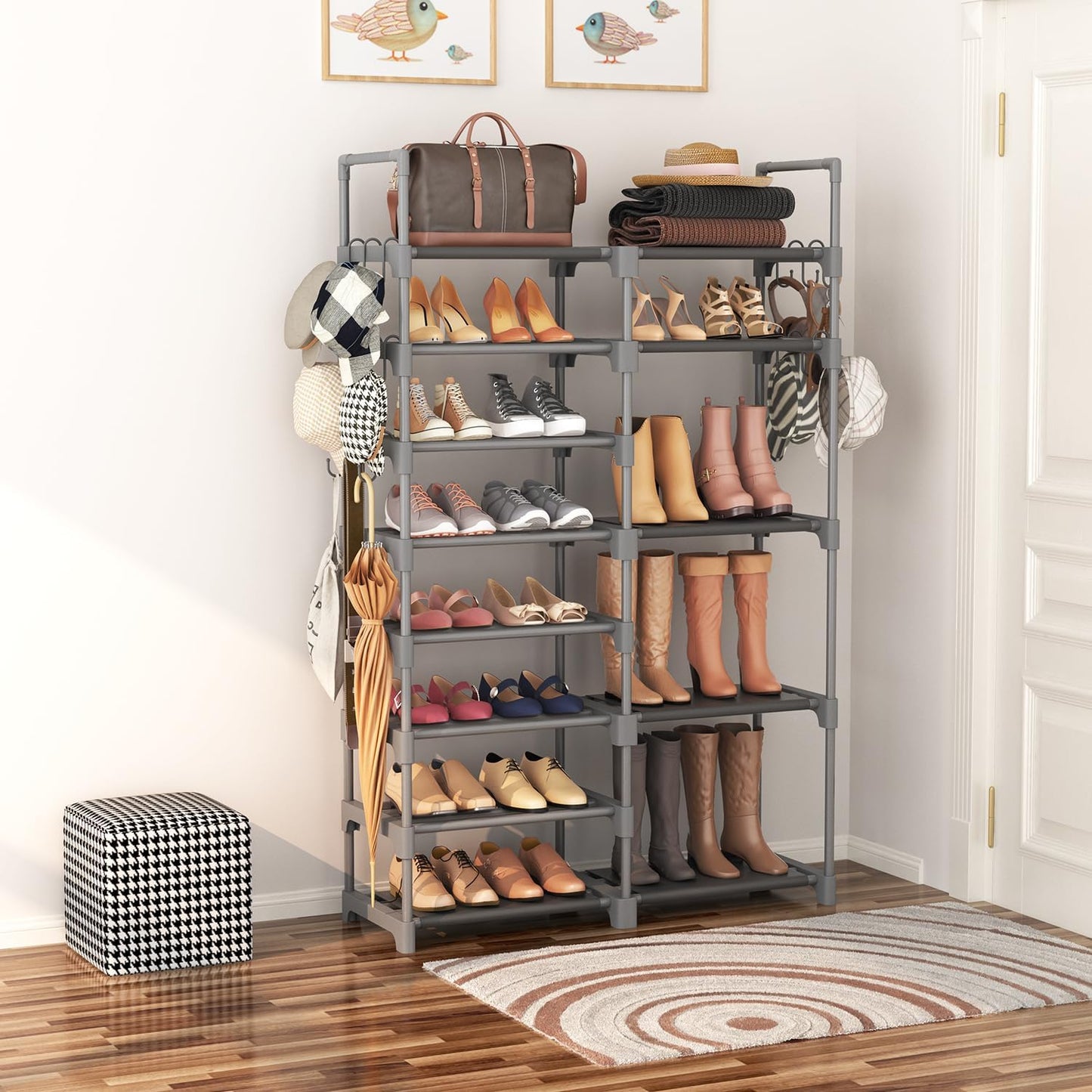 ROJASOP Shoe Rack Organizer, 8-Tier Metal Shoe Rack for Closet Entryway Garage, 26-32 Pairs Tall Shoe Boot Storage Shelf with 15 Hooks, Stackable Large Shoe Stand