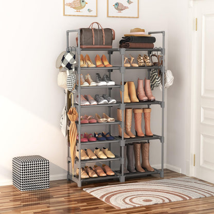 ROJASOP Shoe Rack Organizer, 8-Tier Metal Shoe Rack for Closet Entryway Garage, 26-32 Pairs Tall Shoe Boot Storage Shelf with 15 Hooks, Stackable Large Shoe Stand