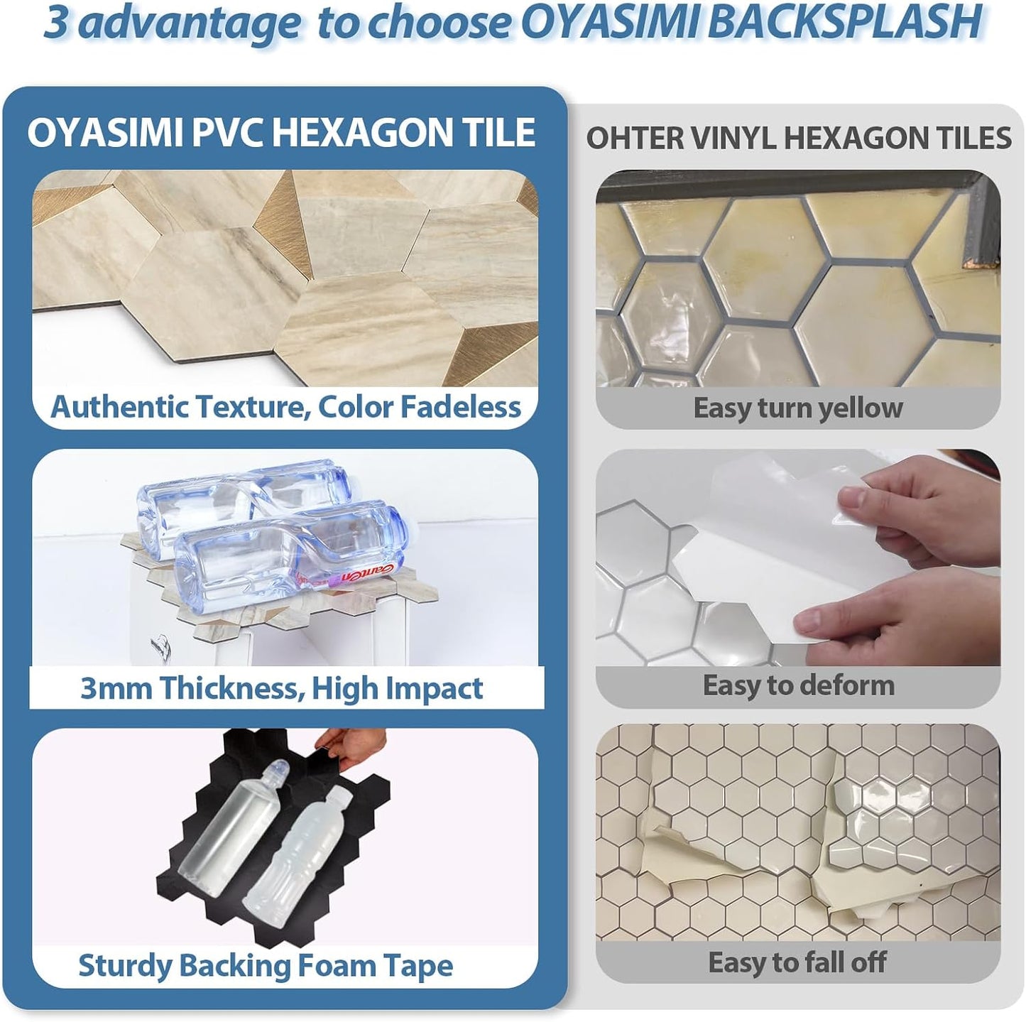10-Sheet Heavy-Duty Hexagon Peel and Stick Backsplash, Thick Waterproof &Heat Resistant Stick on Wall Tiles, Slate Beige Mosaic for Kitchen & Bathroom, Strong Adhesive Permanent PVC Tiles