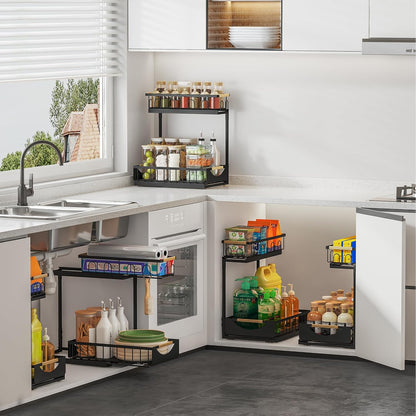 Under Sink Organizer and Storage for Bathroom and Kitchen - 2 Pack 3 Tier Under Cabinet Pull Out Shelf Organizers - Slide Out Drawer Organization for Home Cabinets Shelves and Drawers