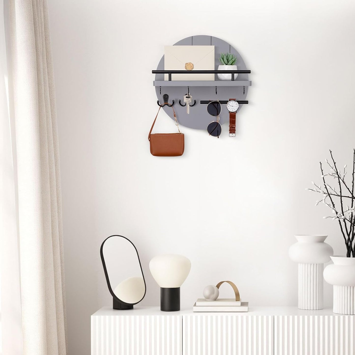 Nekon Key Holder Wall Mount, 11.8 Inch Rack With Shelf and 6 Hooks, Rustic Mail Organizer, Circular Wooden Hanger for Entryway Hallway Kitchen (Brown&Gold)