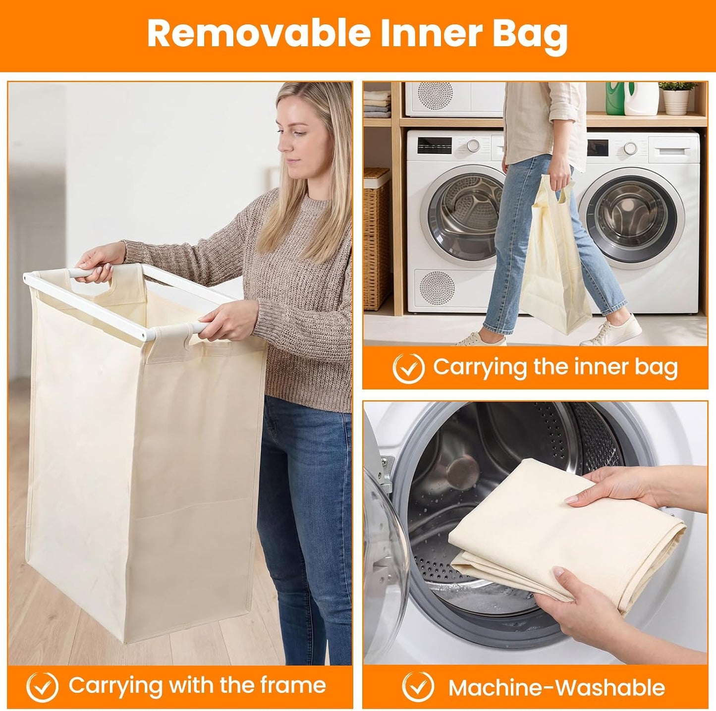Bamboo Laundry Hamper 3 Section with Lid, 150L Laundry Sorter with Lockable Wheels, Pull-Out Removable Washable Bags, 3 × 12.5 Gal Divided Laundry Baskets for Laundry Room, Bathroom (White)