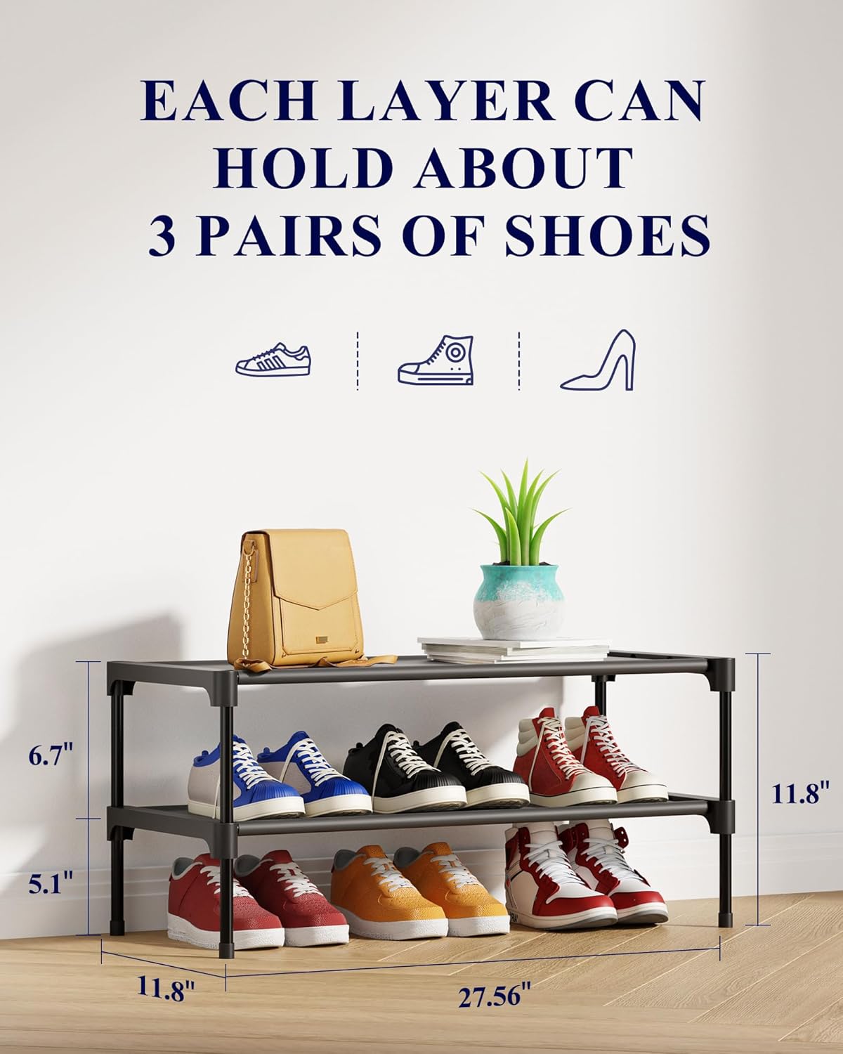 Kitsure Shoe Rack - Non-Woven Shoe Rack Shelf, Shoe Organizer for Closet, Entryway, Garage & Corridor, Stackable Shoe Shelves, 27.5" Wide - 3 Tier, Black