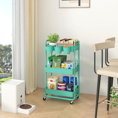 JIUYOTREE 4-Tier Plastic Rolling Storage Cart Utility Cart with Extra Hanging Cups Handles Lockable Wheels for Living Room Bathroom Kitchen Office White