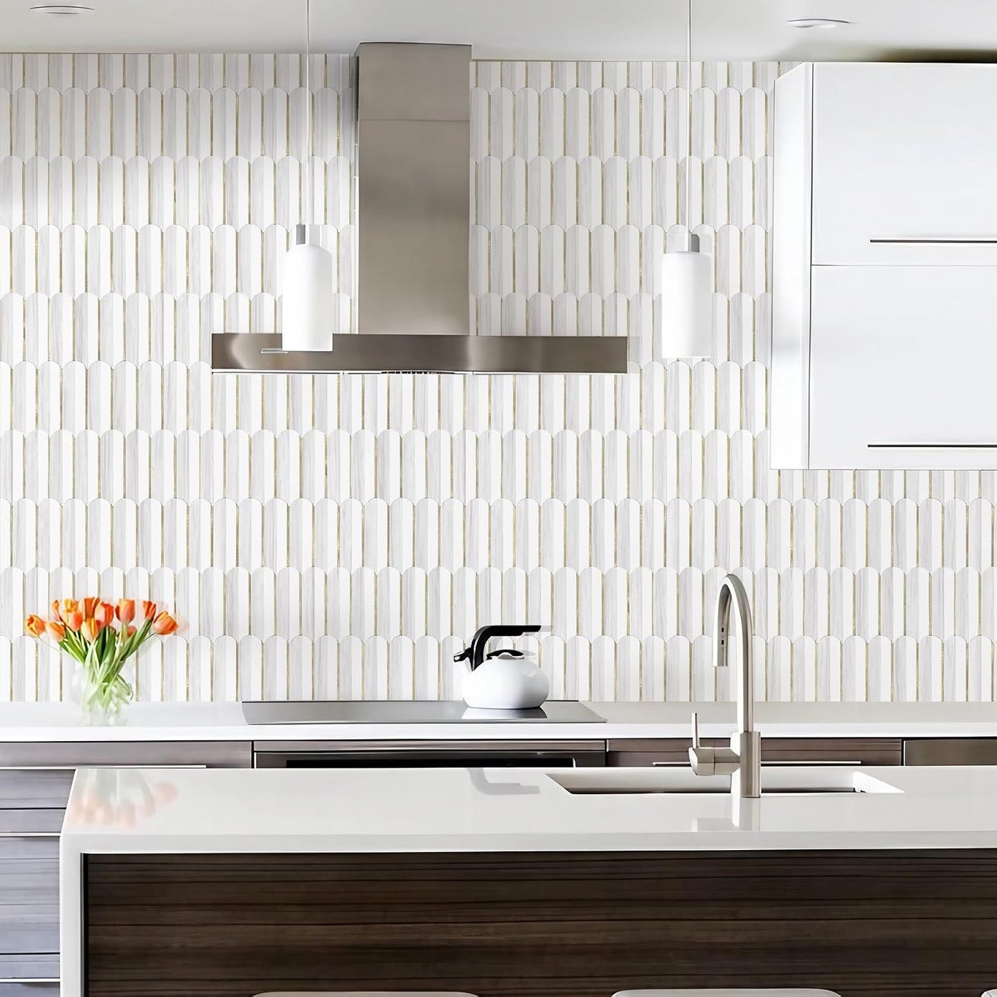 Vamos Peel and Stick Backsplash Seamless Tile for Kitchen and Bathroom,White and Beige Slate PVC Mixed Light Gold Self Adhesive Fish Scale Metal Mosaic Tiles (10 Sheets)