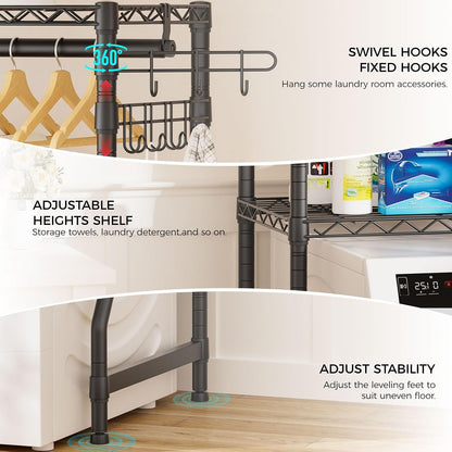Golpart Over Washer and Dryer Shelves,Heavy Duty Laundry Room Storage Organization Clothes Drying Rack,5 Tier Adjustable Height Wire Shelving and Wire Basket with Hanger Rod&Hook,Space Saving Shelf