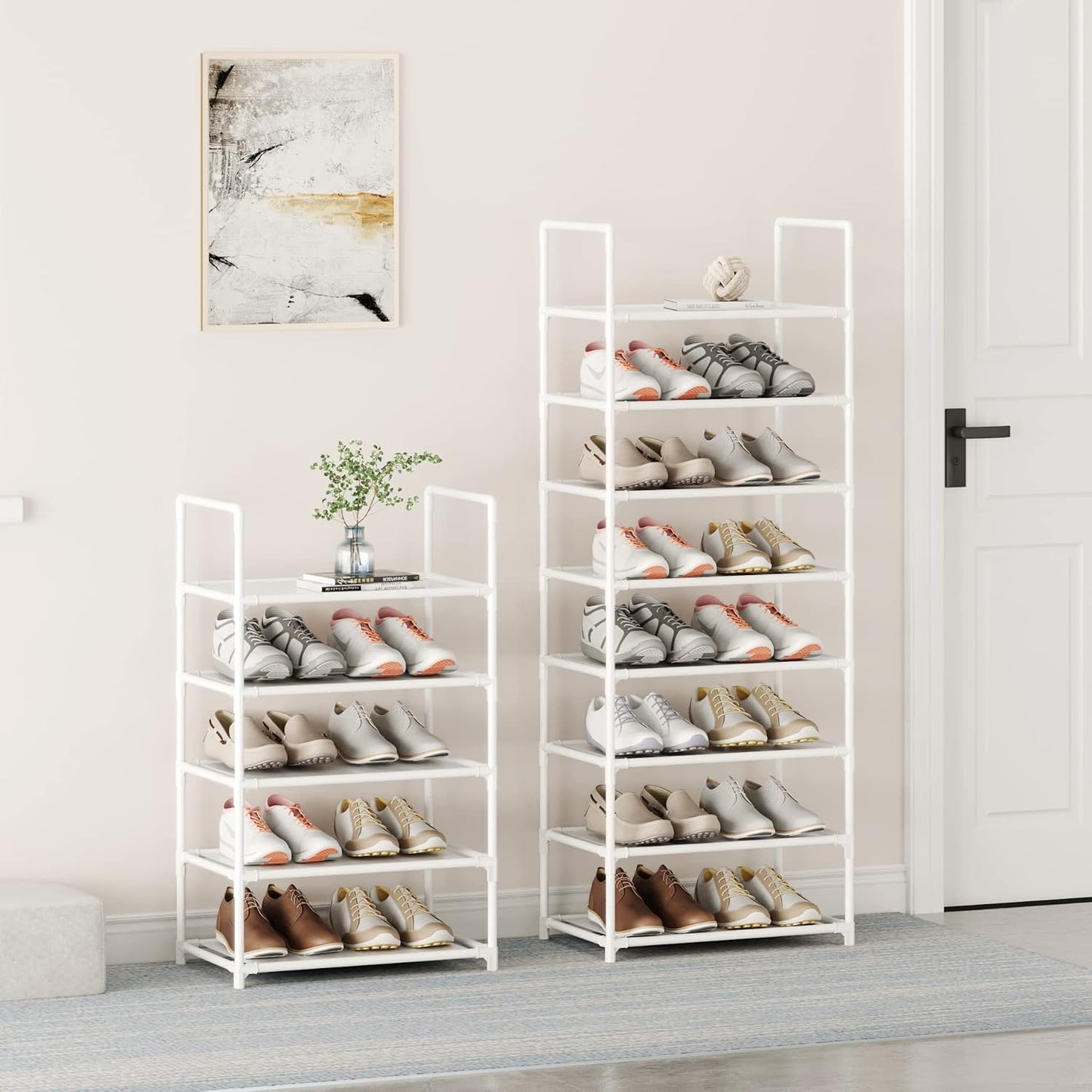 Small Shoe Rack 6-8 Pairs Sturdy Shoe Shelf 4-Tiers Narrow Stackable Shoe Organizer,Lightweight Kids Shoe Racks for Entryway, Doorway and Closet（Black）