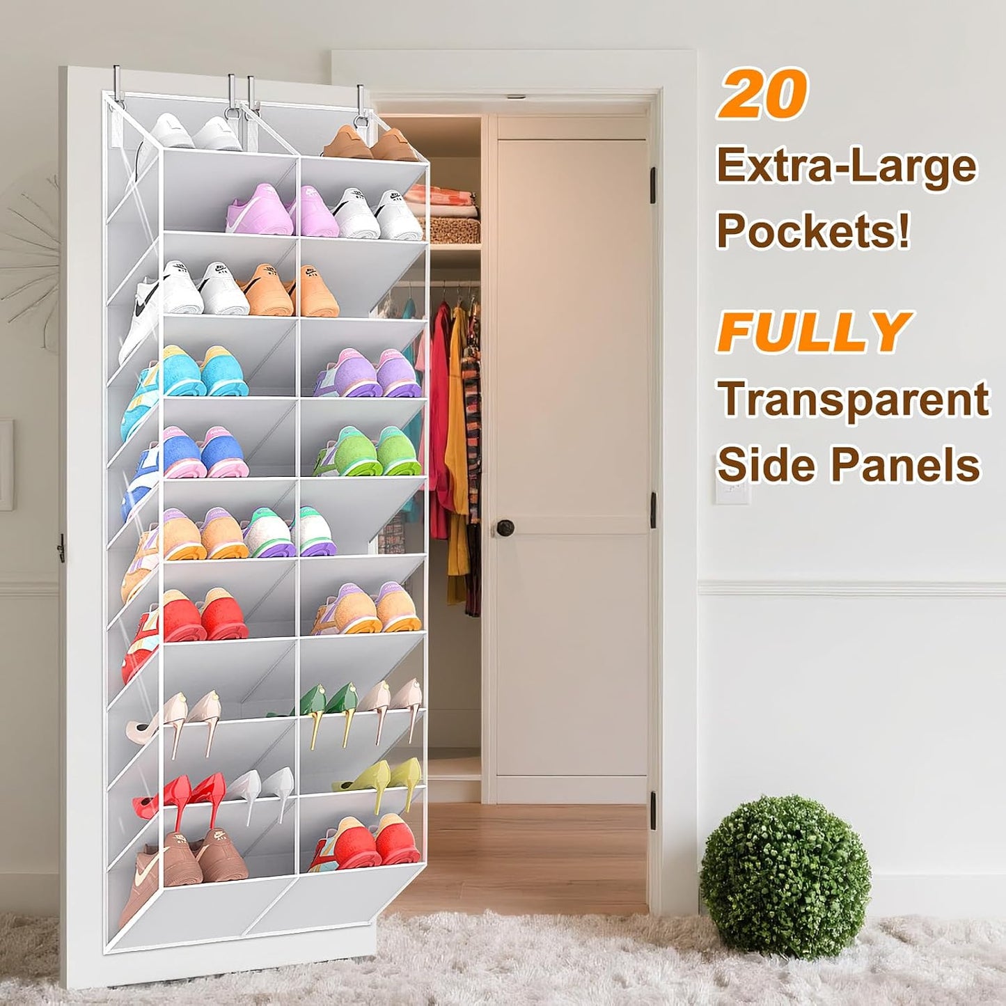 UVIAHOMI 20-30 Pairs Over the Door Shoe Organizer, Clear Pockets Hanging Shoe Storage for Closet, 10-Tier Door Shoes Rack, Handing Shoes Holder Fit All the Family's Sneakers, Boots, Heels, White