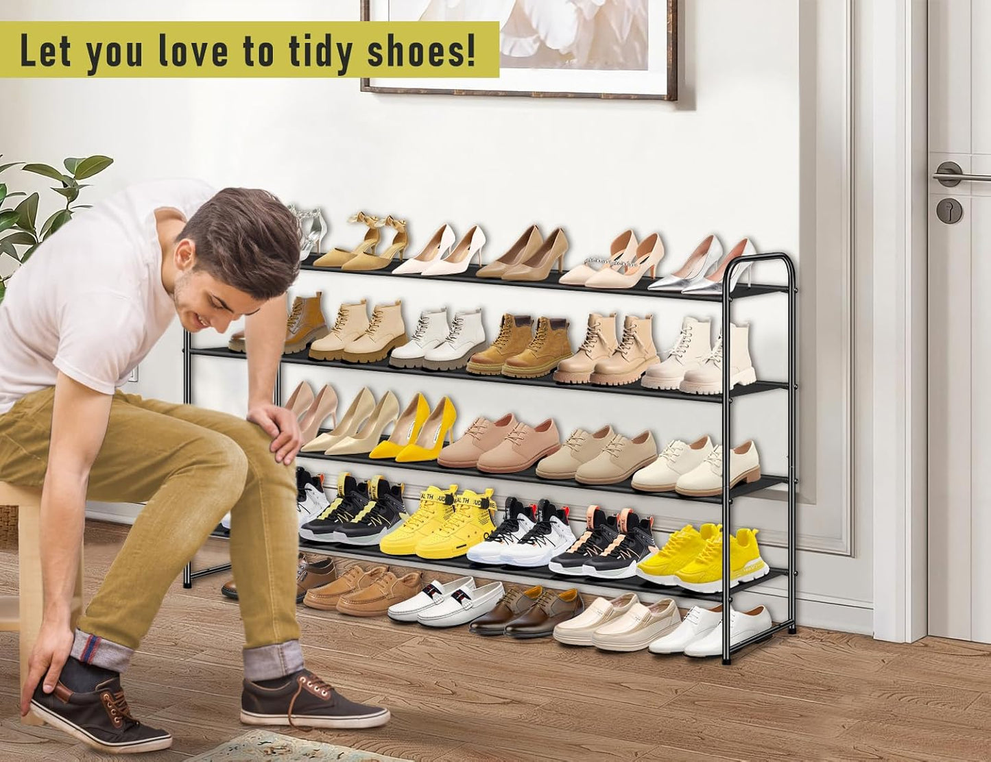 MISSLO 3-Tier Long Shoe Rack for Closet Shoe Organizer for Closet Floor Entryway Storage Stackable Wide Shoe Shelf Stores 24 Pairs of Men Sneakers, Black