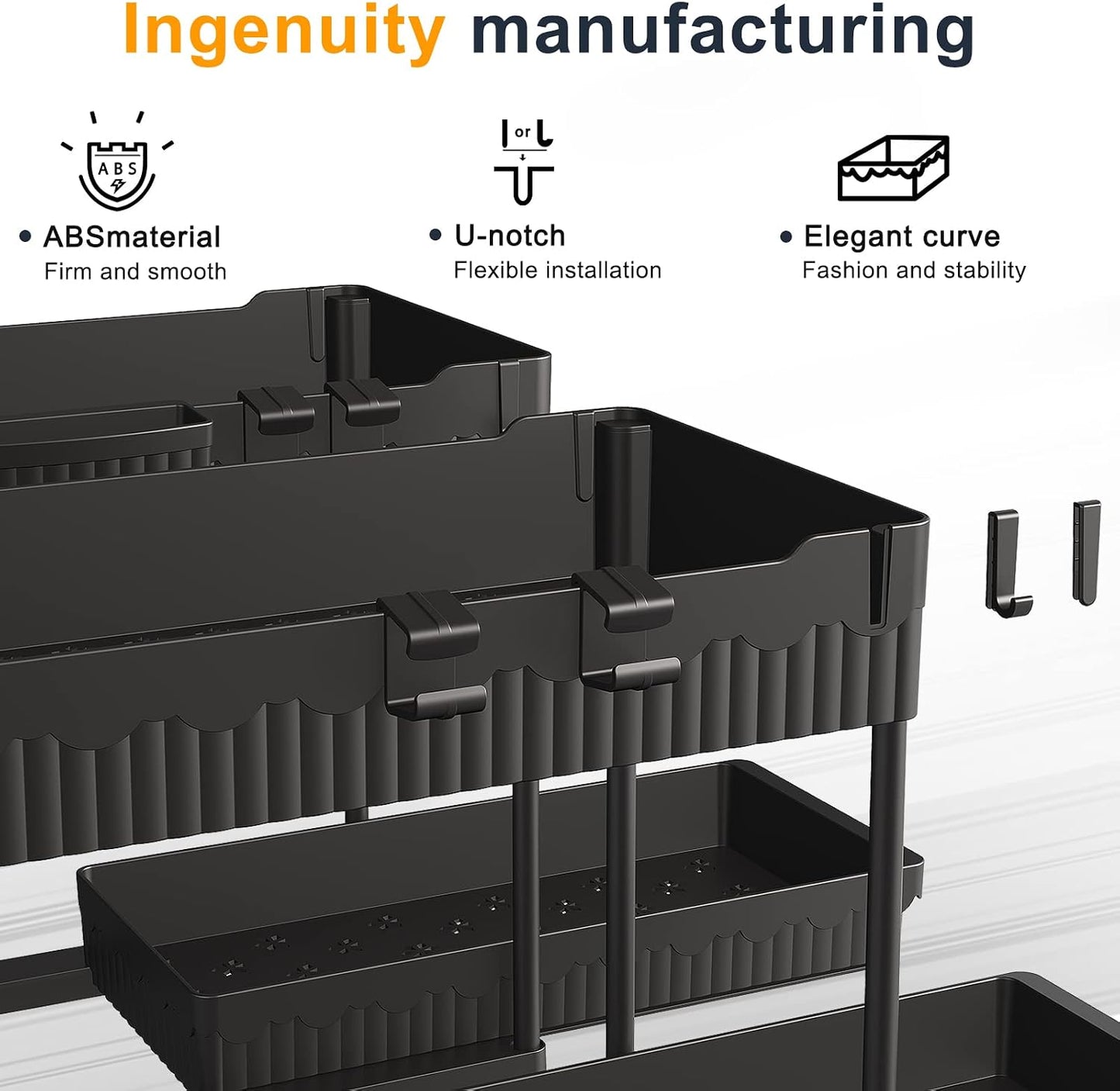 Sevenblue 3 Pack Multi-Purpose Pull-Out Storage Organizers, 2-Tier L-Shaped Under Sink/Cabinet Organizers and Storage for Bathroom & Kitchen, (Black, 12.85 Inches)