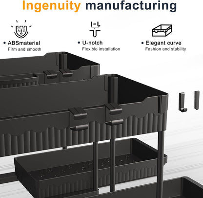 Sevenblue 3 Pack Multi-Purpose Pull-Out Storage Organizers, 2-Tier L-Shaped Under Sink/Cabinet Organizers and Storage for Bathroom & Kitchen, (Black, 12.85 Inches)