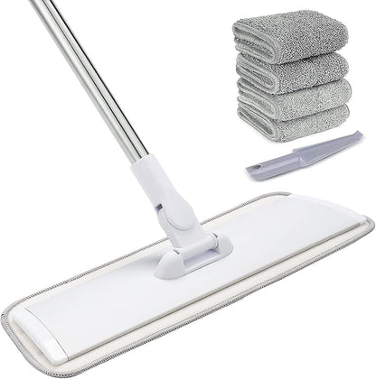 18" Professional Microfiber Mop Floor Cleaning System, Flat Mop with Stainless Steel Handle, 4 Reusable Washable Mop Pads, Wet and Dust Mopping for Hardwood, Vinyl, Laminate, Tile Cleaning