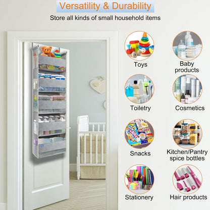 Over The Door Organizer 5-Shelves and 10 Side Pockets, Over The Door Storage for Bathroom Bedroom Nursery, Hanging Door Organizer for Baby Diapers and Kids Toys (13"x5"x44", Grey)
