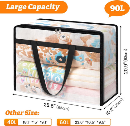 BlissTotes 4 Pack Clear Clothes Storage Bags, Moving Bags, Foldable Blanket Storage Under Bed Storage Containers with Sturdy Zipper and Handle for Clothing, Comforter, Bedding, Sheet (40L)