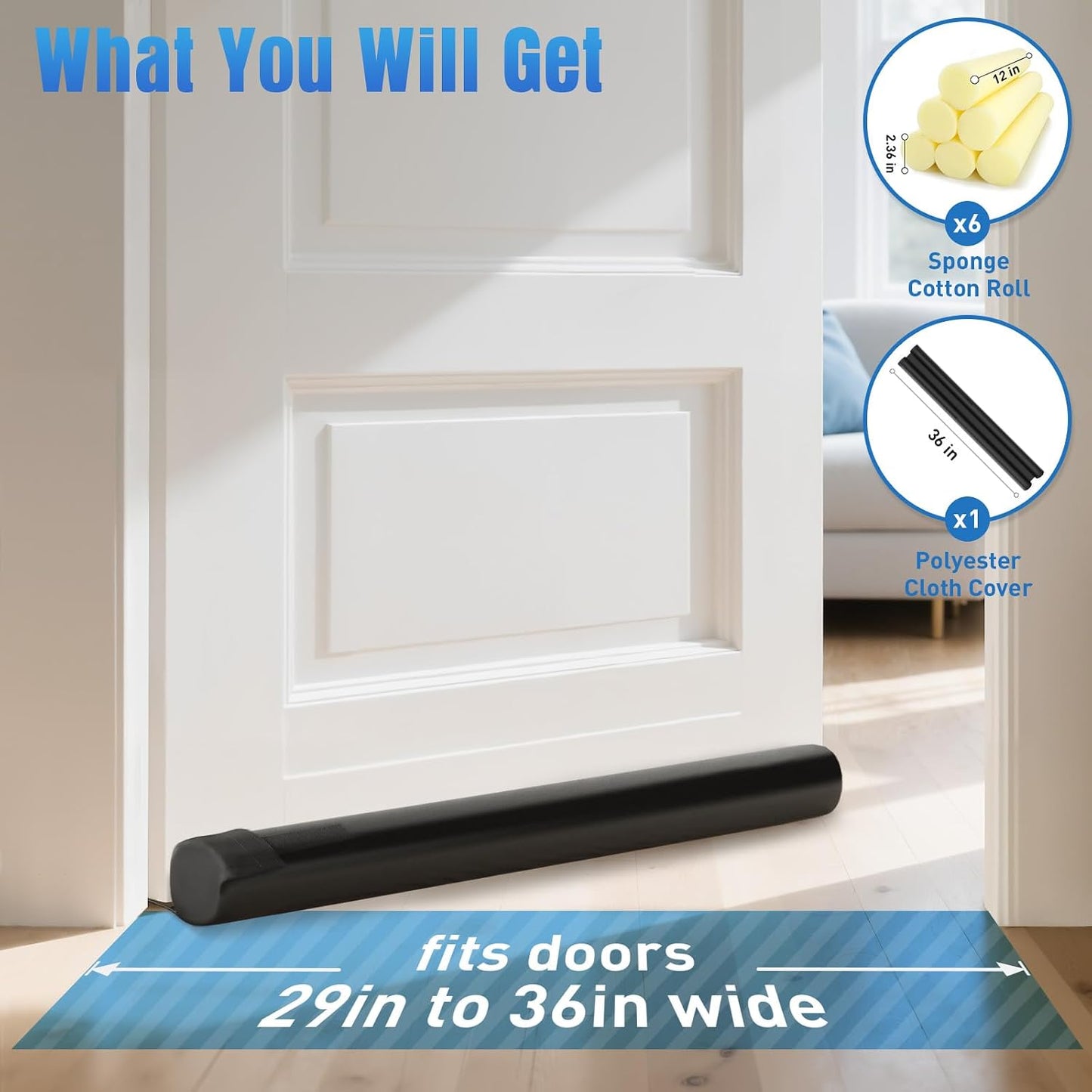 BlissTrends Door Draft Stopper Covers Gaps up to 2.36", Draft Stopper for Bottom of Door Soundproof, Windproof, Dustproof, Block Light, Insect Resistant, Under Door Draft Stopper 36 Inch (Black)