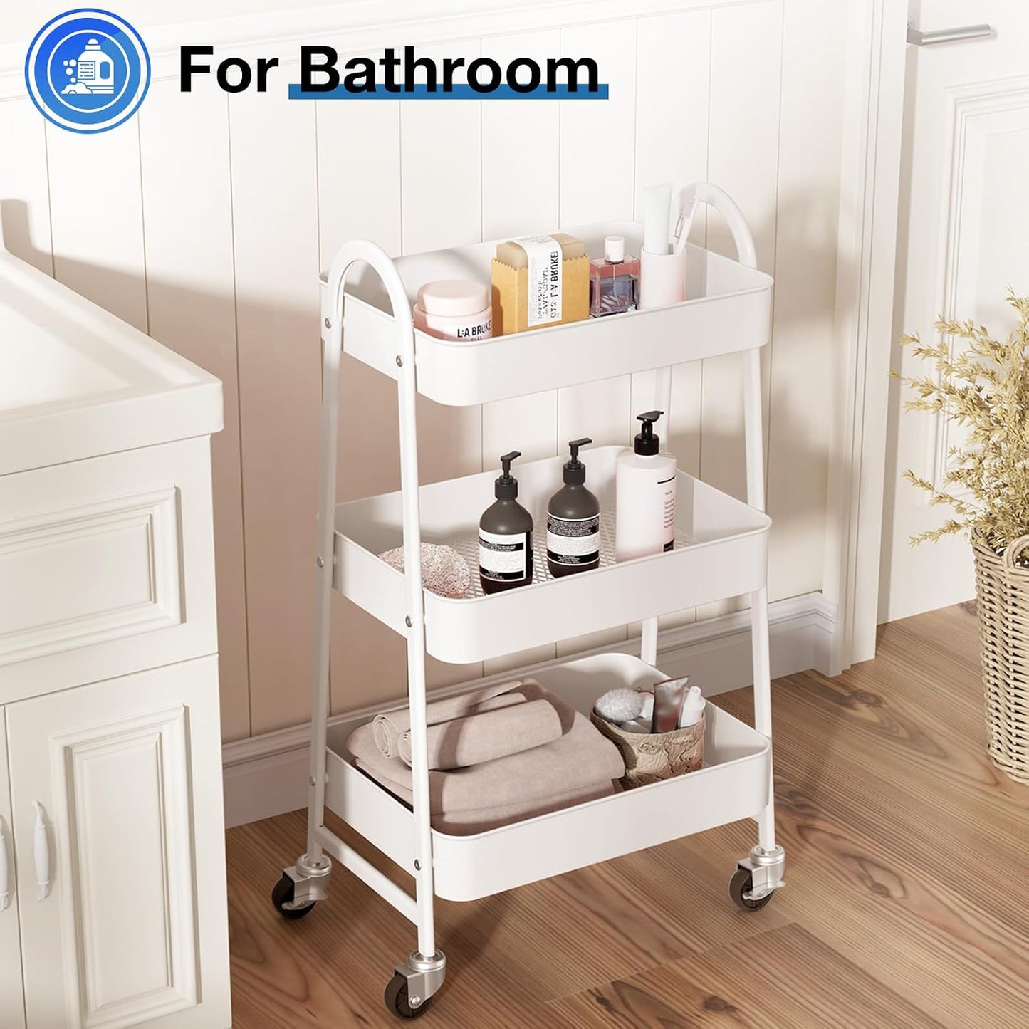 DUMOS 3 Tiers Rolling Cart, Utility Cart, Metal, White | Mobile Storage, Lockable Wheels, Utility Shelving Unit, Kitchen, Bathroom, Laundry, Narrow Places