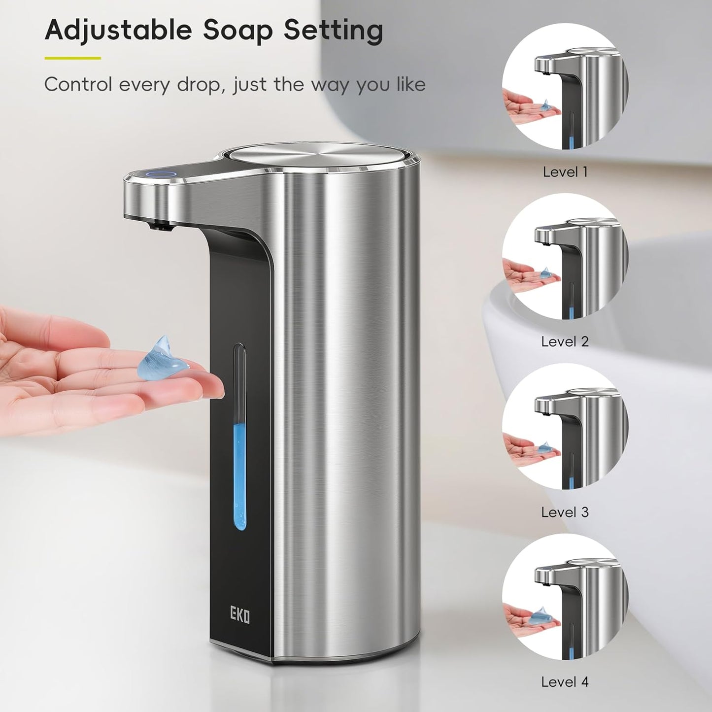 EKO Aroma 9 fl oz Automatic Liquid Soap Dispenser, Rechargeable & Water-Resistant Soap Dispenser for Kitchen and Bathroom with Adjustable Volume Control (Matte Black Steel)
