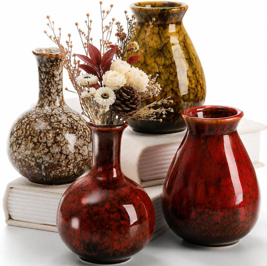 Okllen Set of 4 Ceramic Flower Vases Farmhouse Decor, Boho Decor, Red and Yellow Reactive Glazed Color Small Flower Vases, Centerpiece Table Decorations, Decorative Ceramic Vase for Home, Living Room