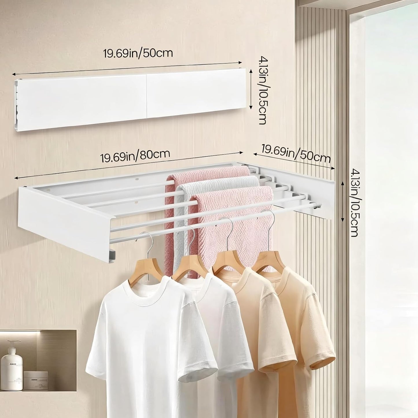 Wall Mounted Laundry Drying Rack, Carbon Steel Foldable & Retractable Clothes Drying Rack, Space Saving Adjustable Towel Holder for Bathroom, Laundry, Small Spaces (1, White, 31.5")