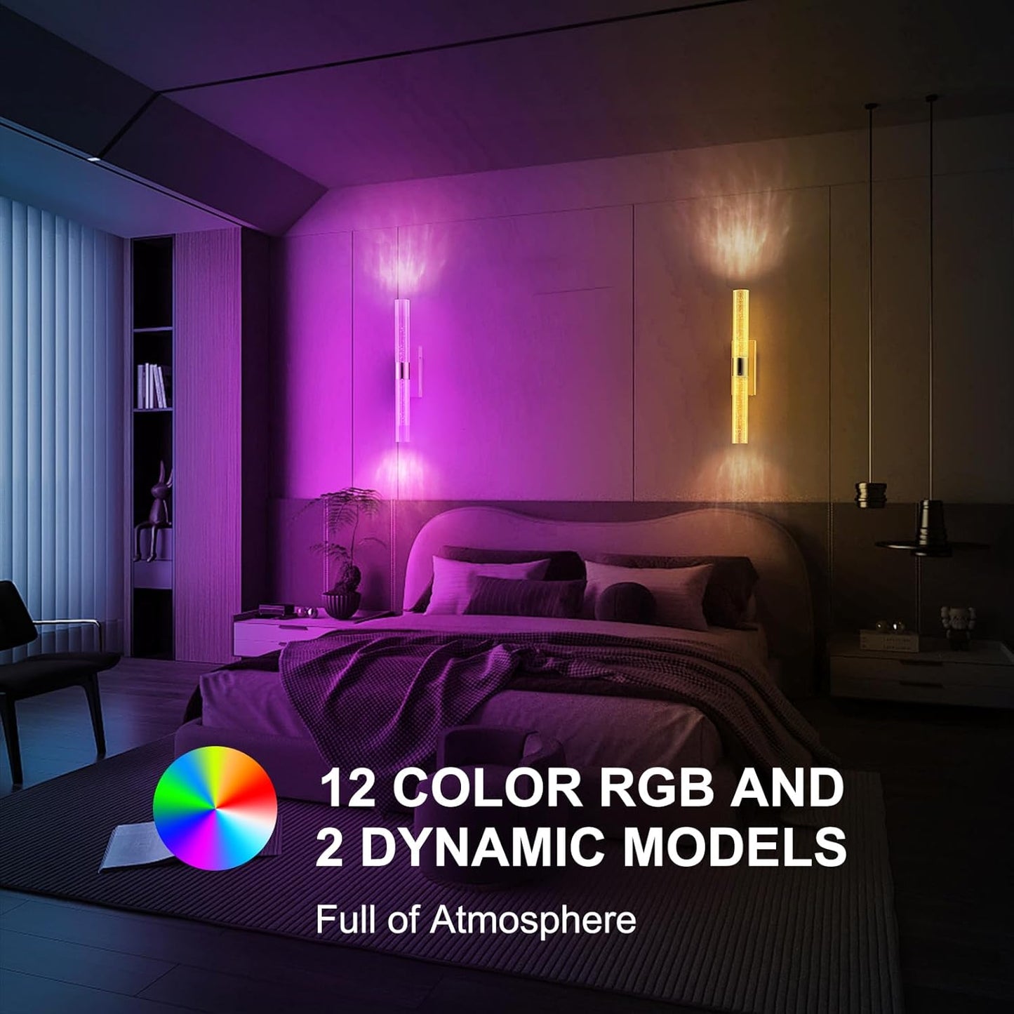 Crystal Battery Operated Wall Sconces Set of 2, Black Rechargeable Wireless Wall Light Fixtures with Remote Control, 3CCT and 12 RGB Dimmable Wall Lamps for Bedroom Living Room Hallway
