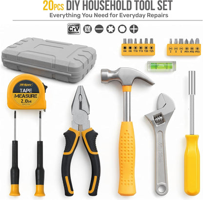 Hi-Spec Tool Kit Yellow 20pc. Small Tool Kit for Home DIY & Office Repairs. Compact and Lightweight Essential Tools in a Portable Book-Sized case.