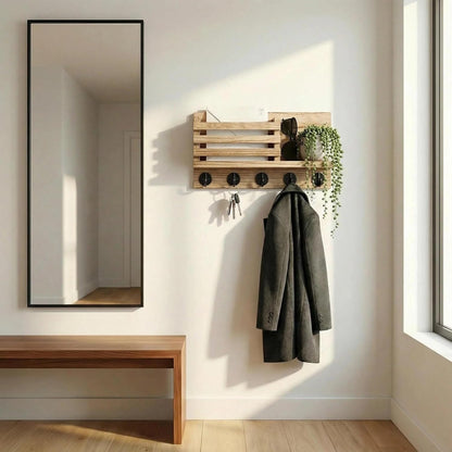 Wall Key Hook, Mail Organizer with 5 Metal Key Hooks, Decorative Key Rack Wall Mount, Tung Wood, 11.8 x 6.7 inches, Includes mounting Hardware (Brown)