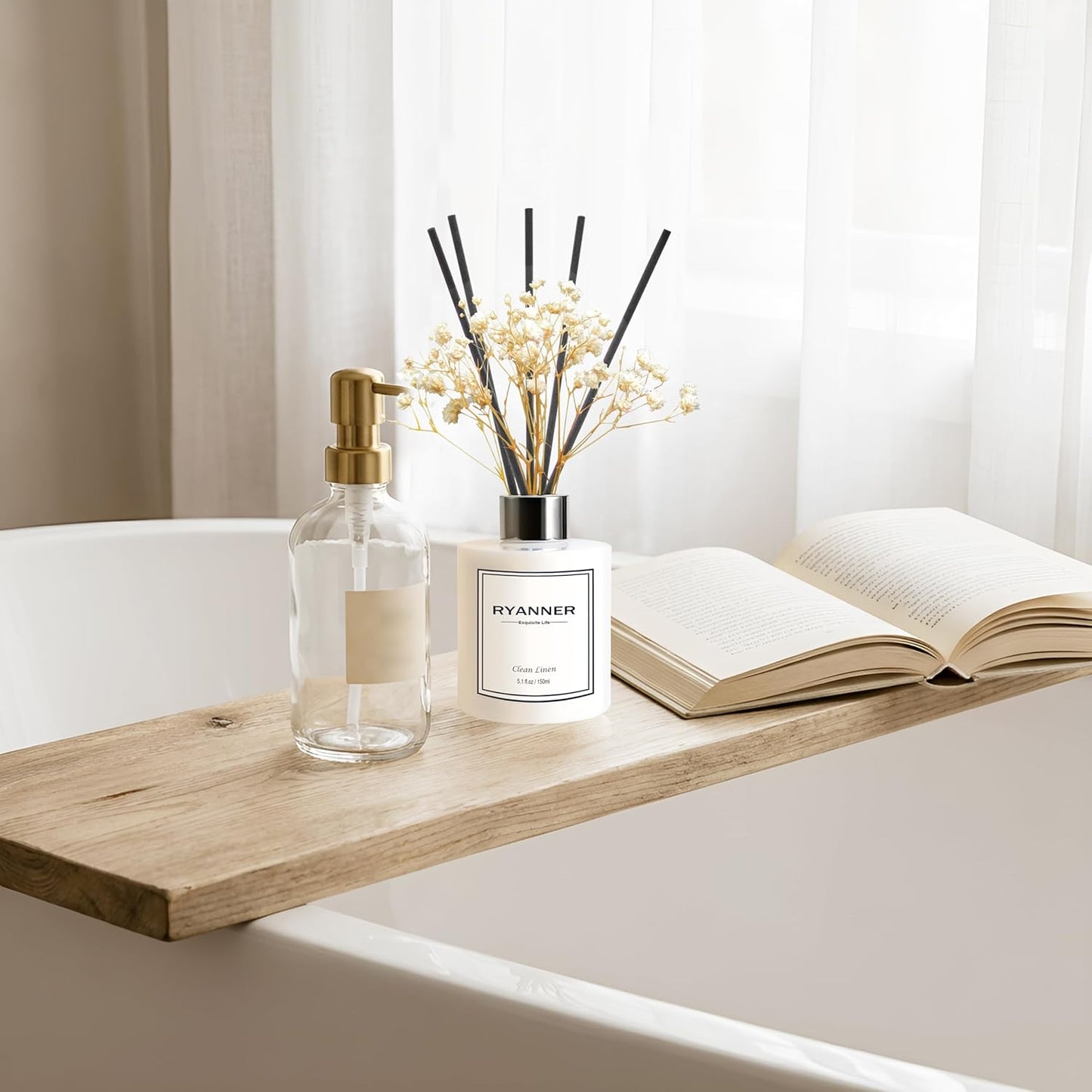 Reed Diffuser Set,5.1 fl oz Clean Linen Scent Diffuser with Sticks Home Fragrance Reed Diffuser with Essential Oil for Bathroom Shelf Decor&Air Freshener,Home Bathroom Office Decor & Gifts