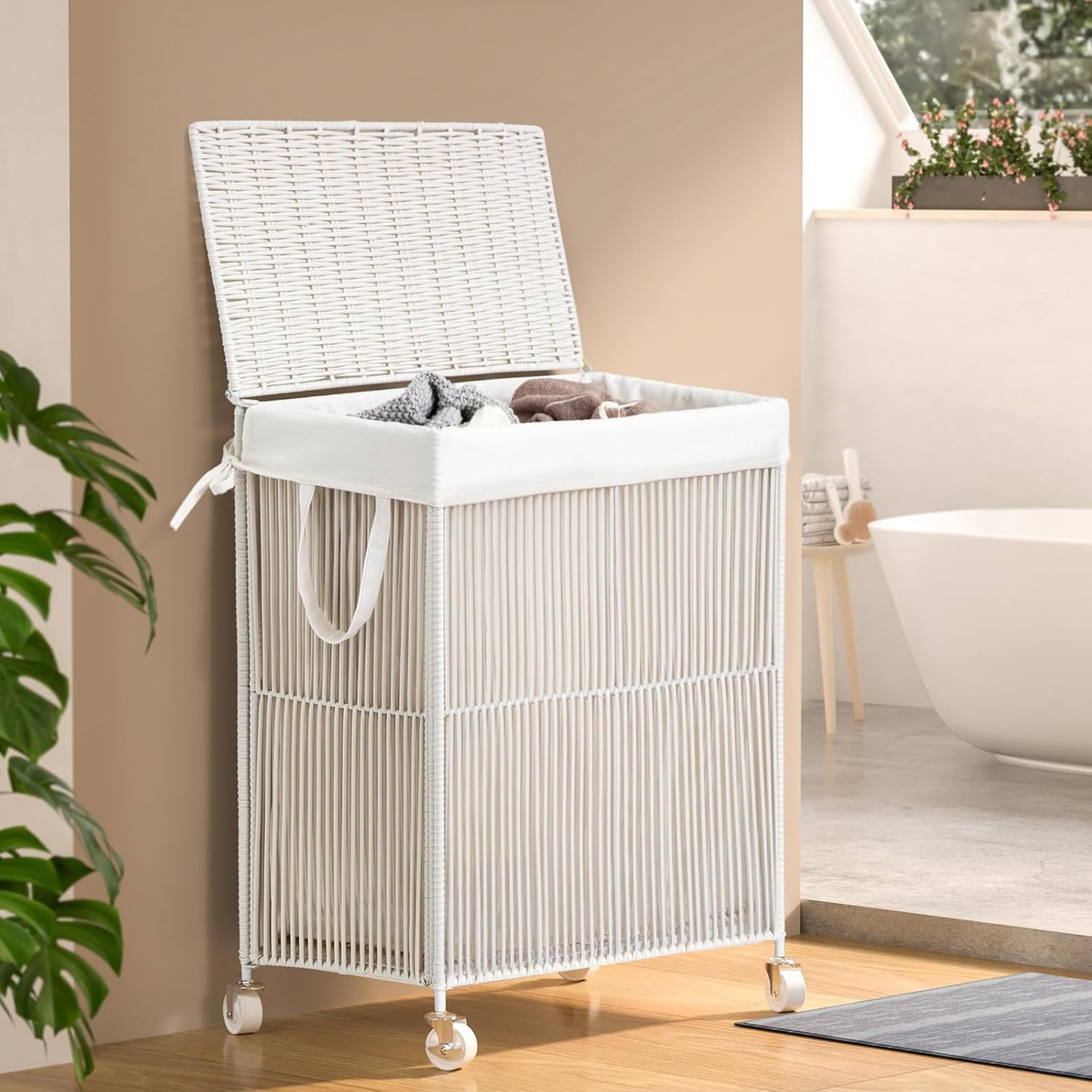 WOWLIVE Laundry Hamper with Wheels, 160L Handwoven Rolling Laundry Basket 3 Section with Lid, Clothes Hamper with Removable Liner Bags, Large Capacity Laundry Sorter Laundry Room Organization, Natural