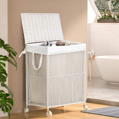 WOWLIVE Laundry Hamper with Wheels, 160L Handwoven Rolling Laundry Basket 3 Section with Lid, Clothes Hamper with Removable Liner Bags, Large Capacity Laundry Sorter Laundry Room Organization, Natural
