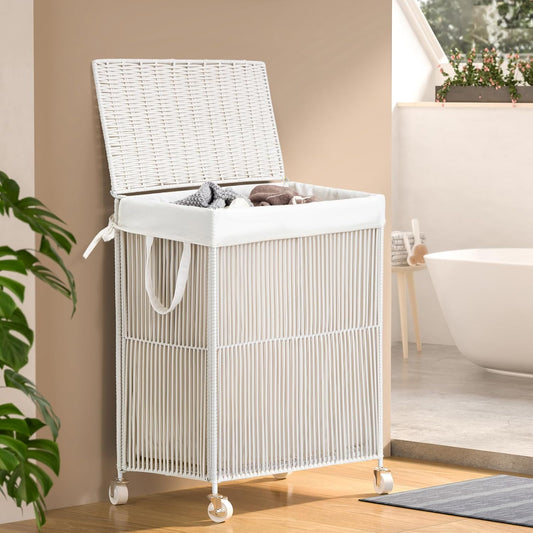 WOWLIVE Laundry Hamper with Wheels, 160L Handwoven Rolling Laundry Basket 3 Section with Lid, Clothes Hamper with Removable Liner Bags, Large Capacity Laundry Sorter Laundry Room Organization, Natural