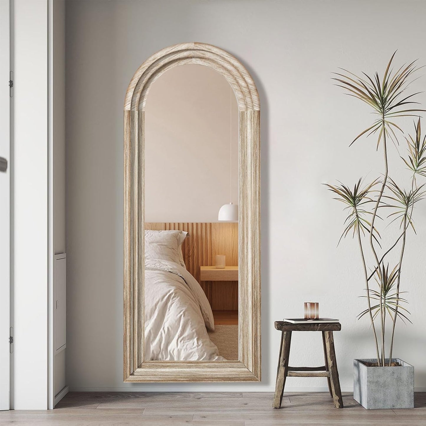 71x32 Inch Arched Full Length Mirror with Solid Wood Frame Wall Mounted Floor Mirror, Vertical Hanging Leaning Standing Mirror for Living Room, Bedroom, Entryway, Brown