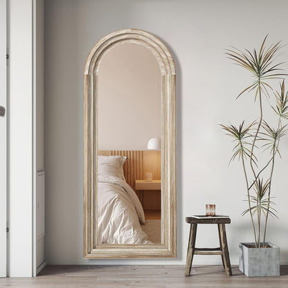 71x32 Inch Arched Full Length Mirror with Solid Wood Frame Wall Mounted Floor Mirror, Vertical Hanging Leaning Standing Mirror for Living Room, Bedroom, Entryway, Brown