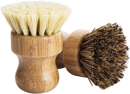 Palm Pot Brush- Bamboo Round 3 Packs Mini Dish Brush Natural Scrub Brush Durable Scrubber Cleaning Kit with Union Fiber and Tampico Fiber for Cleaning Pots, Pans and Vegetables